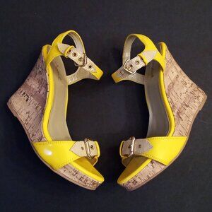 Qupid Strappy Yellow Buckle Sandals size 8 Faux Cork Wedges High Heels Shoes